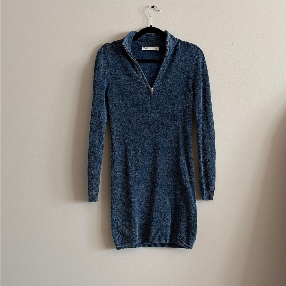 Zara Navy Blue Knit Half-Zip Sweater Dress